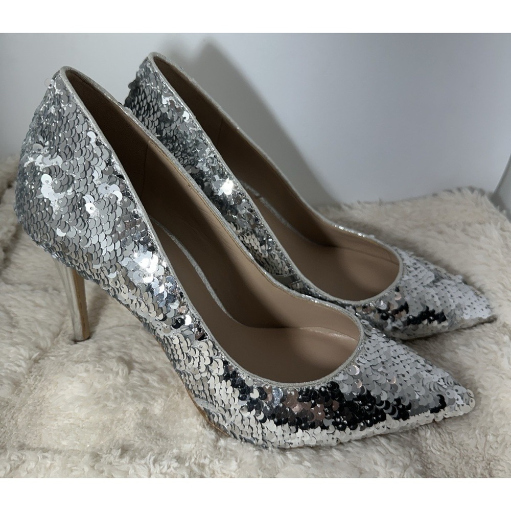 Aldo Pumps High Heels Stiletto Women's 7.5 Silver Sequin Shoes Cocktail Party